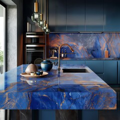 A modern kitchen featuring a striking blue marble countertop, with the vivid color and bold veining of the marble serving as the centerpiece of the design.