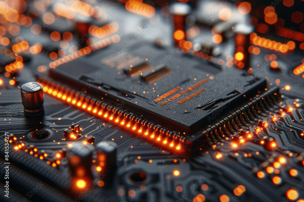 Poster detailed illustration of inserting ram sticks into the memory slots on a motherboard,