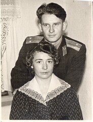 Family portrait of a junior lieutenant of the USSR Armed Forces with his wife. Circa 1960. Potsdam....