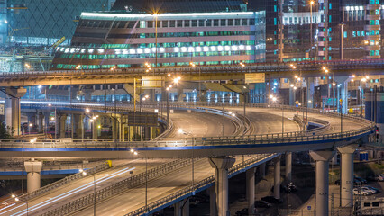 Fototapeta premium Large multi-level interchange of Third Ring Road timelapse. Modern industrial cityscape of Moscow.