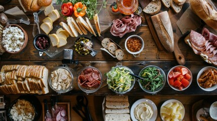 A top-down view of a sandwich bar set up with a variety of bread, meats, cheeses, and condiments, allowing guests to customize their own delicious creations