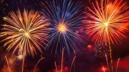 Vibrant colorful fireworks explode spectacularly across a dark night sky.