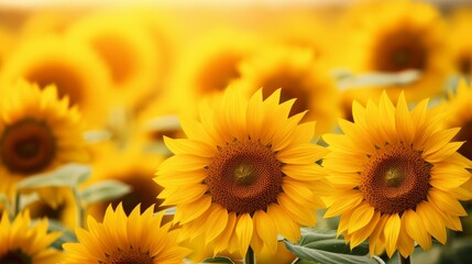 Obraz premium Beautiful field of blooming sunflowers against blurry sunset golden light. Summer sunflower flower background banner.