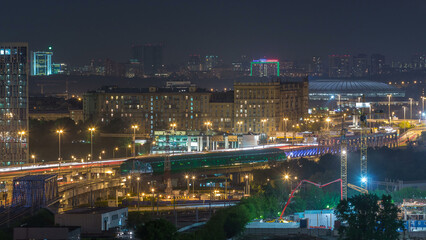 Moscow timelapse, night view of the third transport ring and the central part of Moscow's rings, traffic, car lights