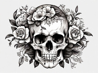 Hand drawn skull and flower isolated decoration