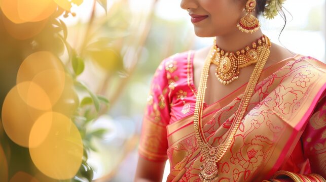 A woman in a vibrant silk saree adorned with intricate gold jewelry, smiling softly.
