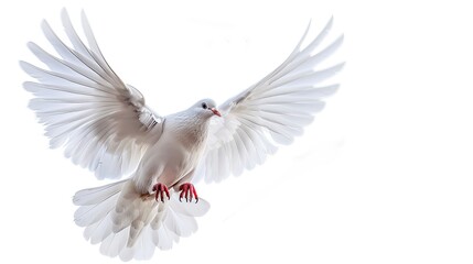 Fototapeta premium Close-up of a serene white dove soaring against a clear white sky, symbol of hope