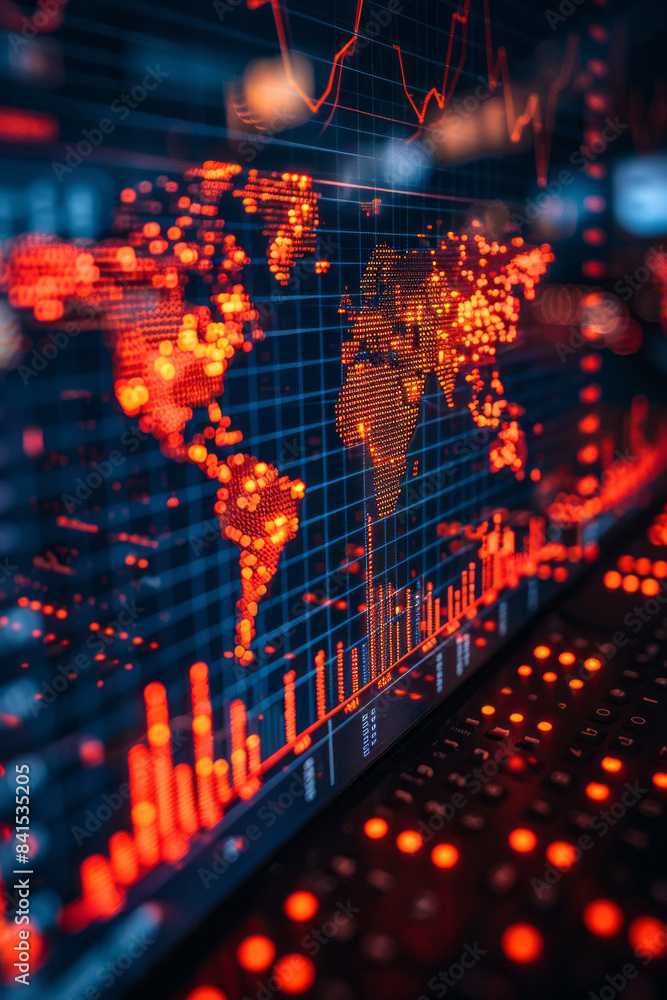 Fototapete Financial data visualization on a global scale with a digital world map and trading charts,