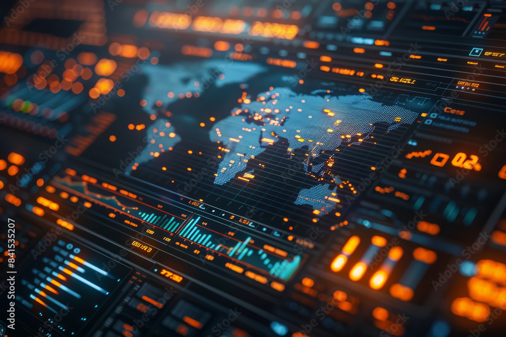 Leinwandbilder Digital world map displaying real-time global financial data with trading charts,