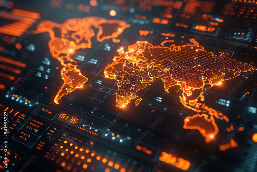 Poster digital world map featuring financial data visualization with dynamic trading charts,