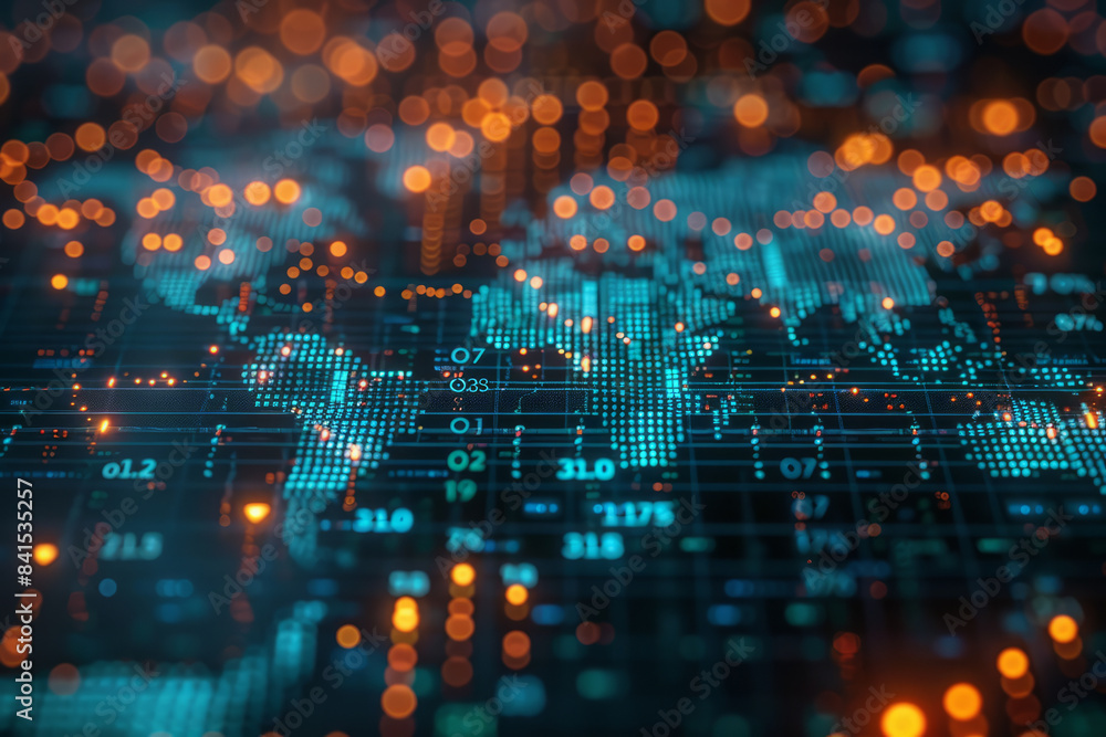 Aufkleber Digital world map with global financial data and dynamic trading chart visualizations,