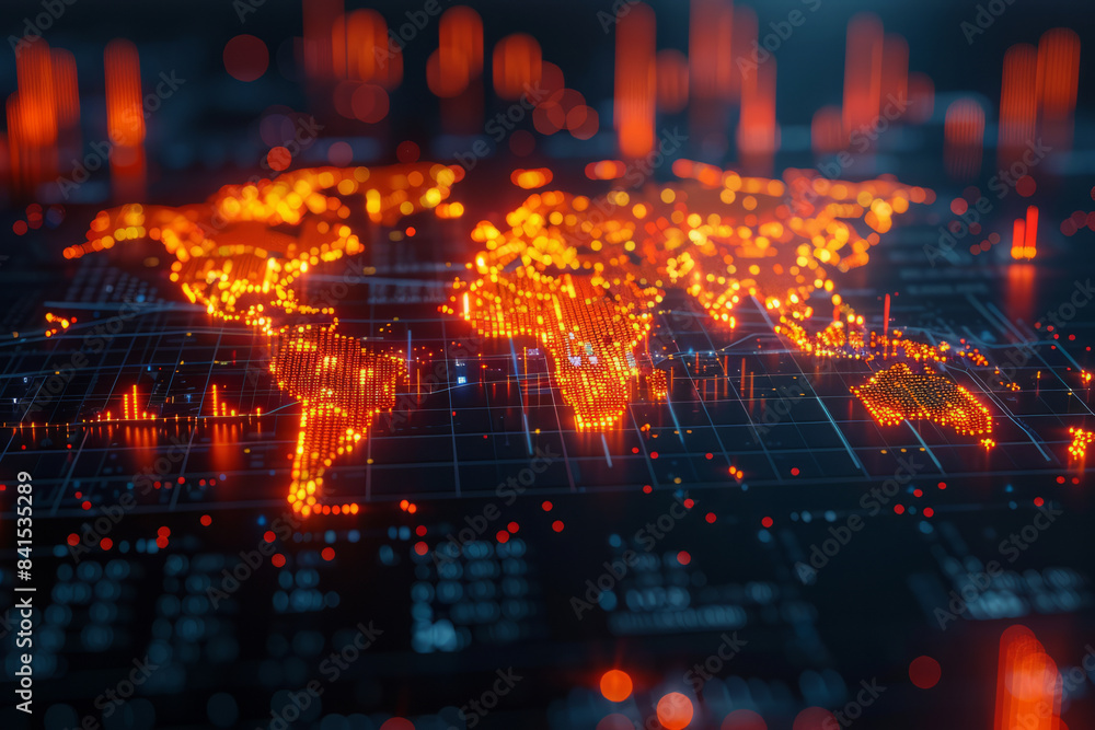 Poster digital world map with global financial data and dynamic trading chart visualizations,