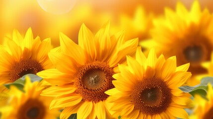 Obraz premium Beautiful field of blooming sunflowers against blurry sunset golden light. Summer sunflower flower background banner.