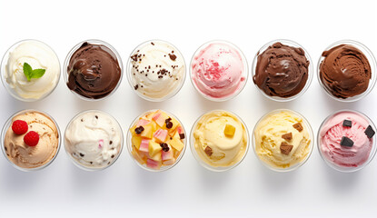 Fototapeta premium Assorted ice cream flavors in cups arranged in a row on a white background
