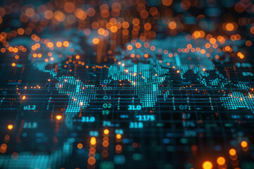 Obraz premium Digital world map with global financial data and dynamic trading chart visualizations,