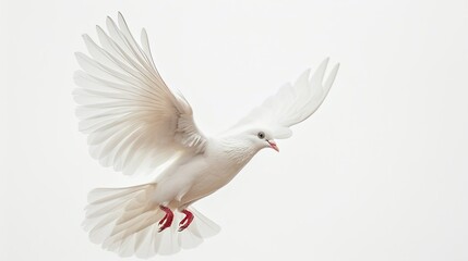 Fototapeta premium Close-up of a white dove soaring against a blank sky, elegant wings spread wide
