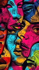 Naklejka premium Pop Art Faces Repeated faces in different bright colors with bold outlines, Super cool and nice background, realistic photo stockphoto style