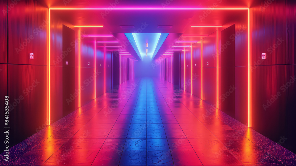 Poster Abstract digital corridor illuminated by neon lights with dynamic patterns,