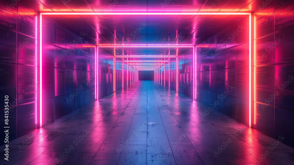 Leinwandbilder abstract digital corridor illuminated by neon lights with dynamic patterns,