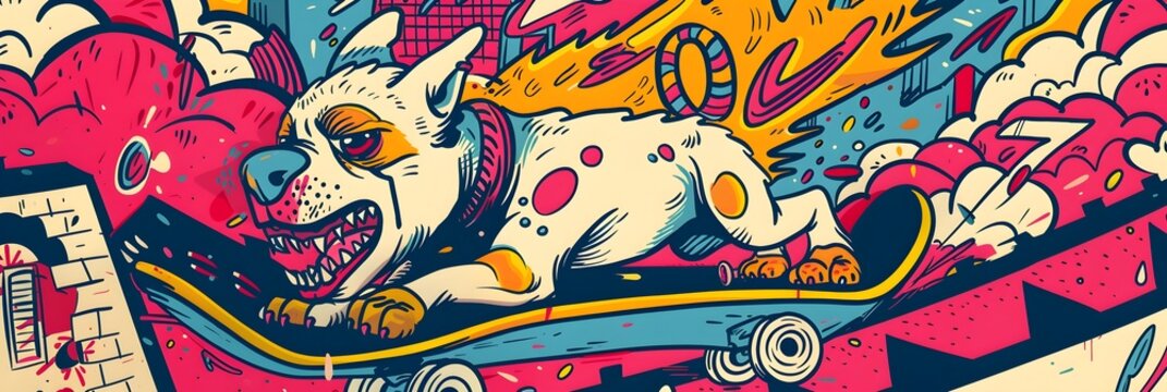 Punk Rock Canine Shreds the Skatepark in Vibrant Street Art Inspired Design