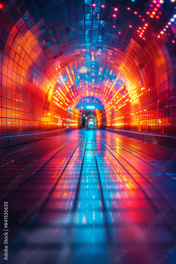 Poster neon corridor with abstract digital designs and dynamic, glowing elements,