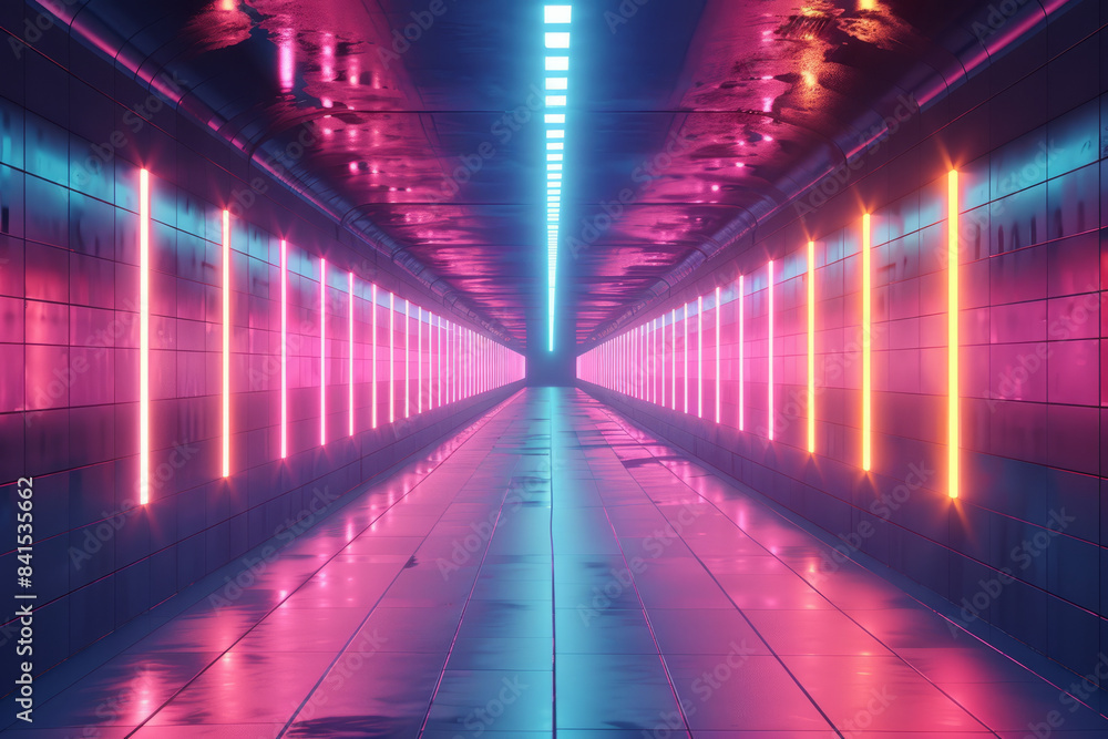 Poster Neon-lit corridor with abstract digital patterns and bright, glowing colors,