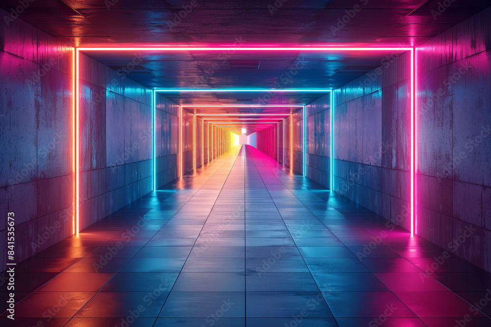 Poster neon-lit corridor with abstract digital patterns and bright, glowing colors,