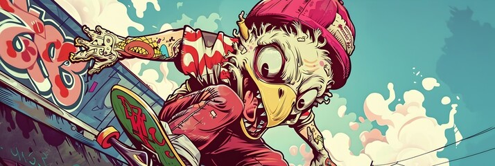 Punk Rock Chicken Skateboarding in Vibrant Street Art Skate Park Scene
