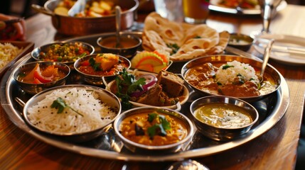 A traditional Indian thali meal served on a stainless steel platter, featuring a variety of vegetarian and non-vegetarian dishes, rice, bread, and desserts