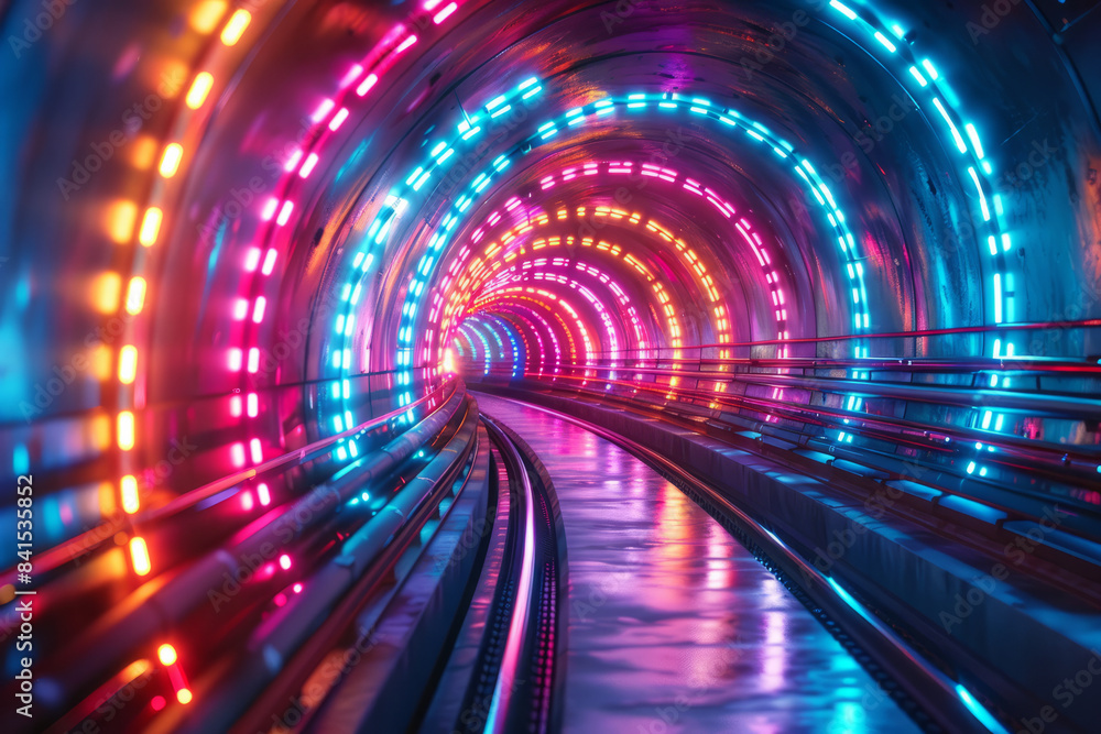 Poster abstract digital tunnel featuring futuristic light patterns and vibrant hues,