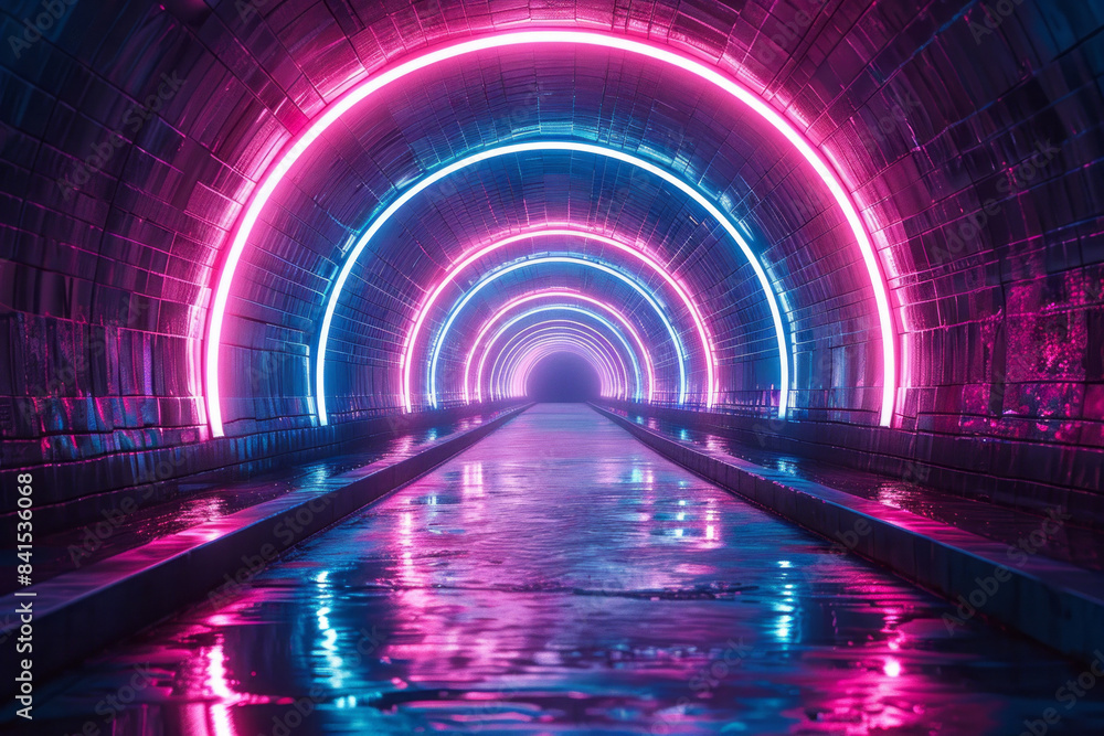 Poster neon-lit futuristic tunnel with dynamic abstract digital art,