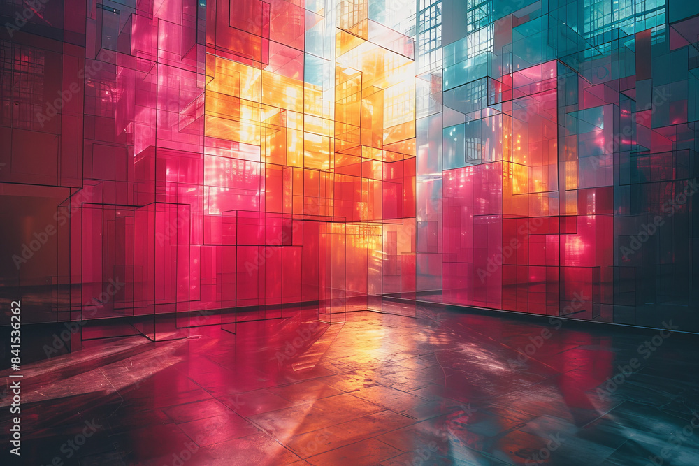 Poster neon gridscape with intricate patterns and bright, vibrant colors,