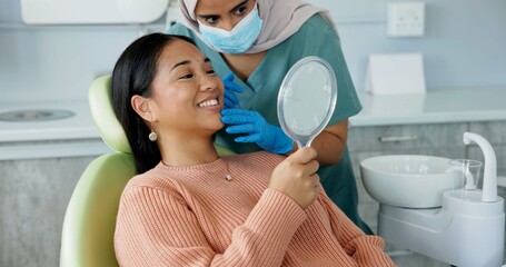 Dentist, teeth and woman with mirror for dental care, medical appointment or consultation at clinic. Healthcare, asian female patient and orthodontist for oral hygiene, wellness and cleaning.