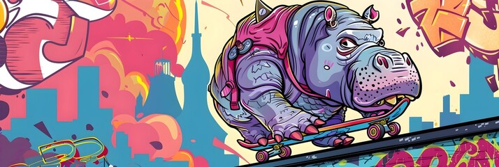 Punk Rock Hippo Skateboarding in Vibrant Urban Skate Park Graffiti Landscape