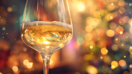 A glass of wine is sitting on a table with a blurry background