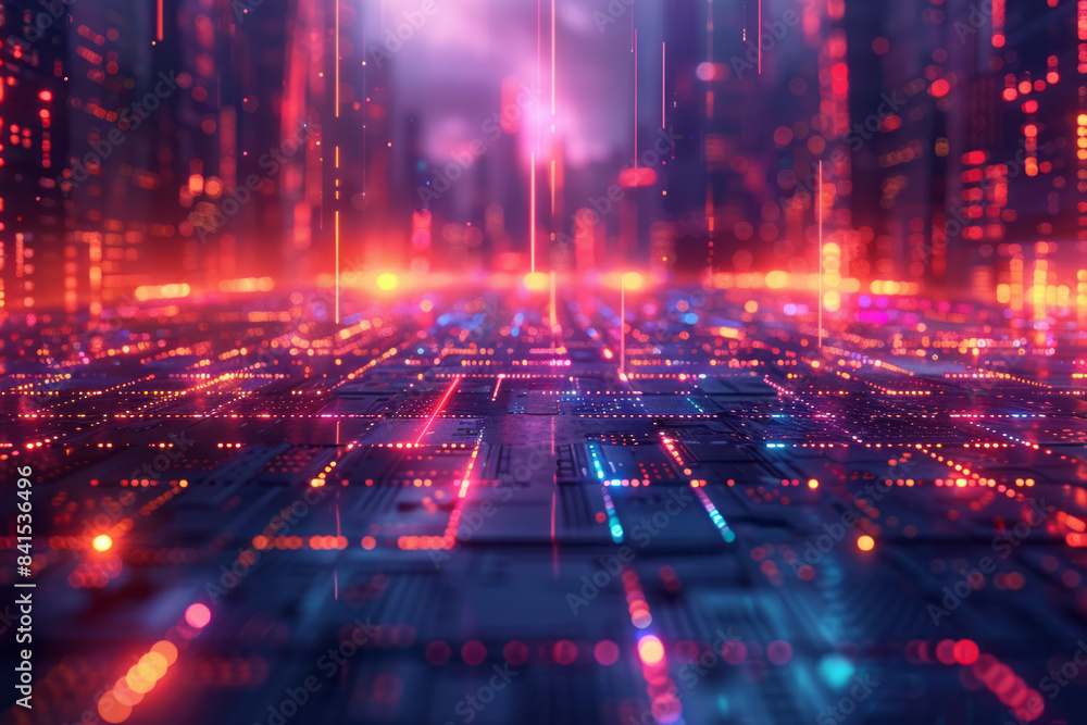 Poster abstract neon gridscape featuring a futuristic city with vibrant grid lines,