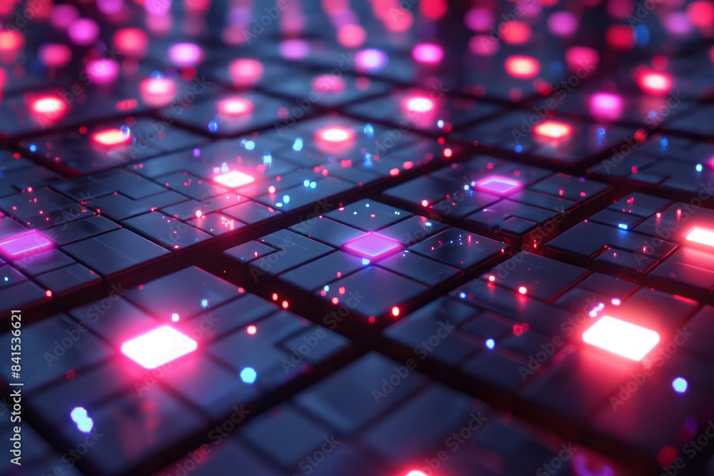 Poster digital art of a neon gridscape with glowing, intricate patterns,