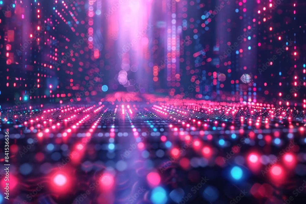 Poster Futuristic neon gridscape with a dynamic landscape and intricate grid designs,