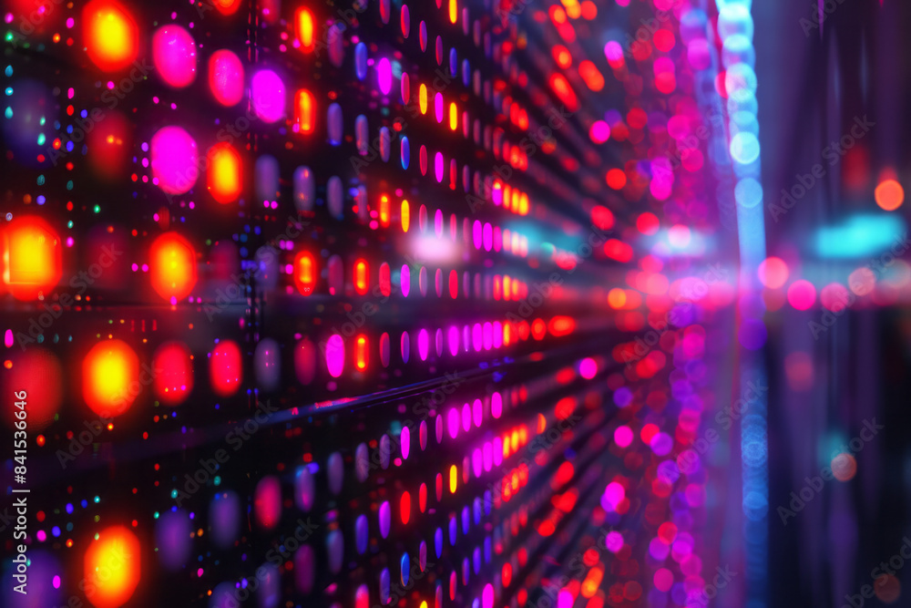 Poster digital art of a neon gridscape featuring vibrant, glowing patterns,