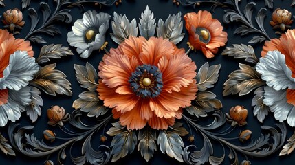 Embossed floral pattern in orange and silver