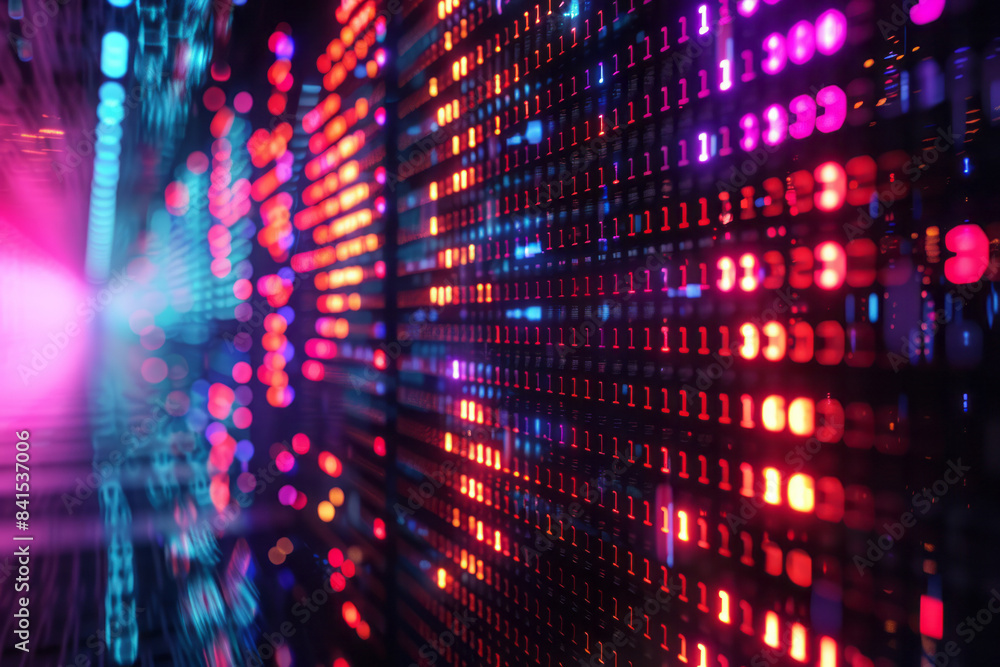 Poster abstract pixel glow with modern digital typography in vibrant neon colors,