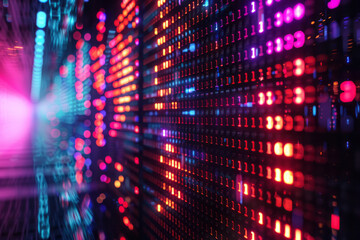 Obraz premium Abstract pixel glow with modern digital typography in vibrant neon colors,