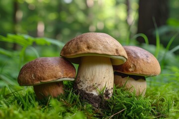 Three wild mushrooms thriving among vibrant green moss in a natural forest backdrop
