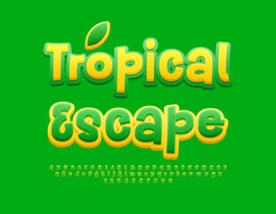 Vector eco flyer Tropical Escape. Creative Green Font for Advertising, Marketing, Promotion. Bight Modern Alphabet Letters and Numbers set. 