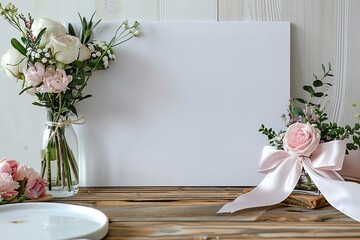 Wedding invitation, bridal shower invitation, or Mother's Day card mockup featuring a white wooden horizontal frame adorned with flowers and a blank space for text.