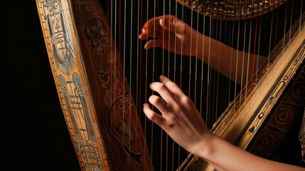 The woman’s hands gracefully pluck the strings of the harp, fingers moving with precision and elegance, producing harmonious and ethereal sounds, motifs on the harp symbolize ancient Egypt.