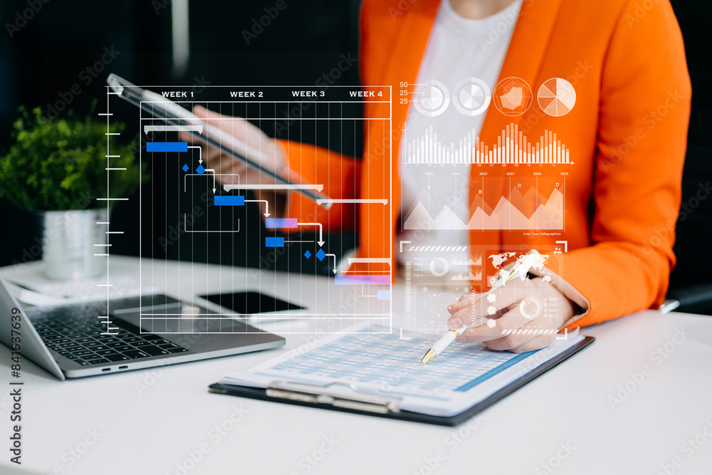 Aufkleber business hand project manager working and update tasks and gantt chart scheduling virtual diagram.