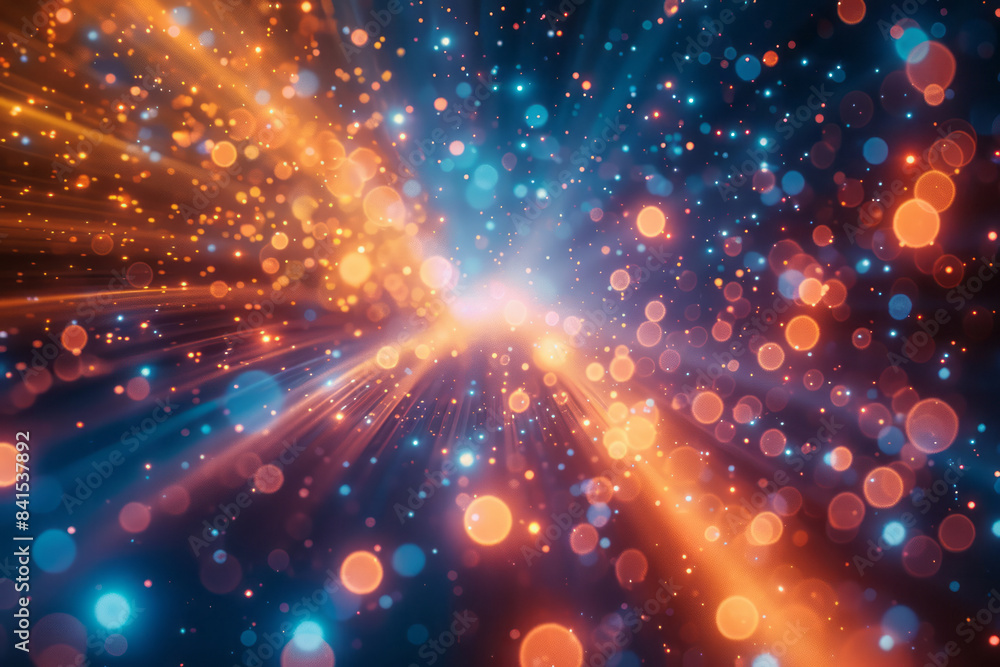 Poster luminescent particle burst with radiant light and dynamic, swirling patterns,