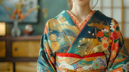 Fototapeta premium Traditional Japanese woman wearing an elegant, intricately designed kimono indoors close up.