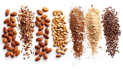 almonds in various stages of being crushed against a white background. isolated on white background